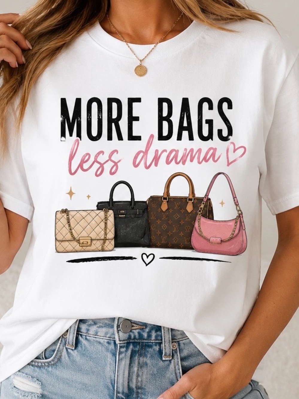 Women’s Handbags Graphic Tee - White with Pink Accents